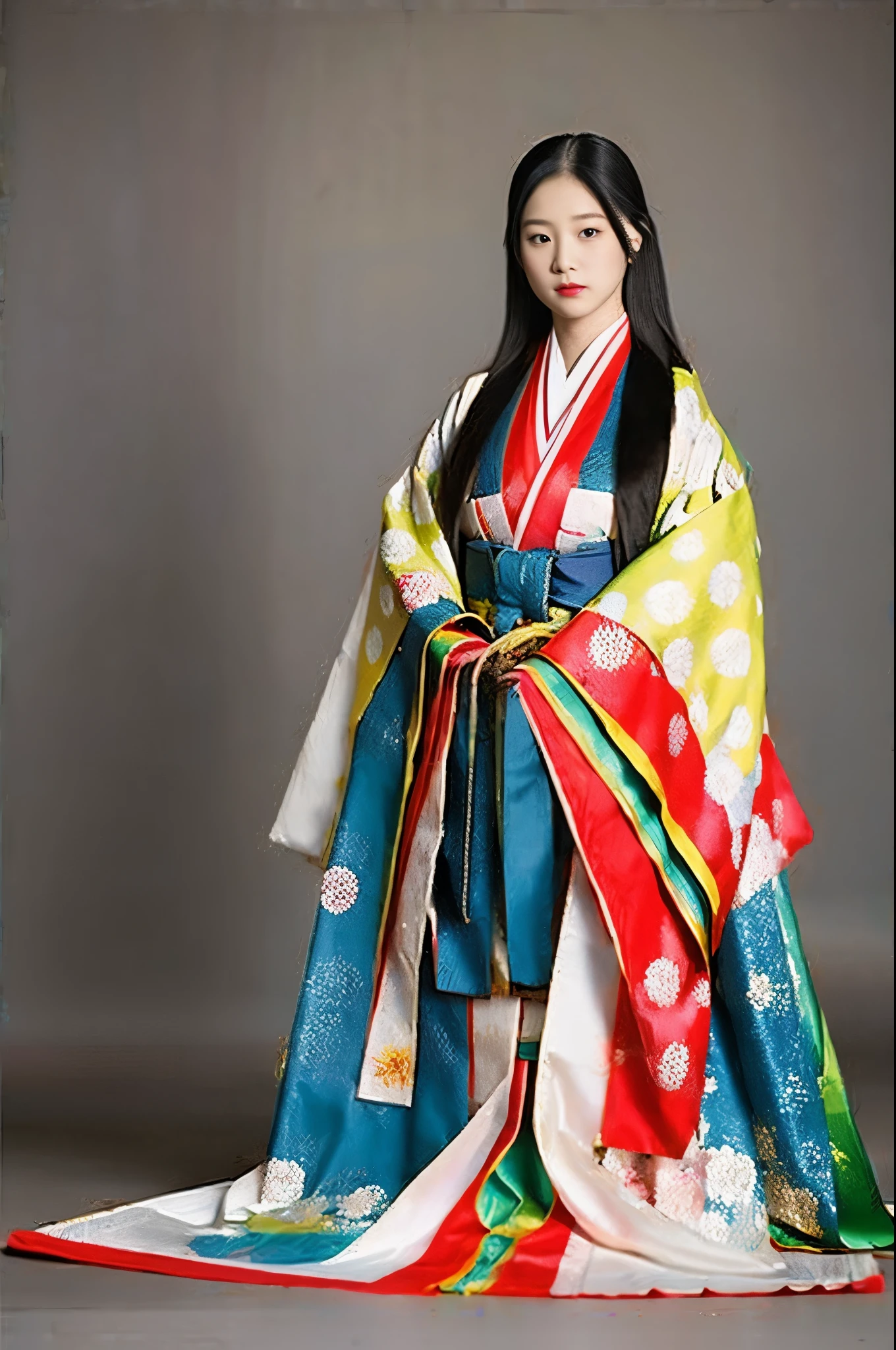 (masterpiece, Highest quality:1.2), One Girl, Twelve-layered kimono, alone, long black hair straight、look、Blank Background