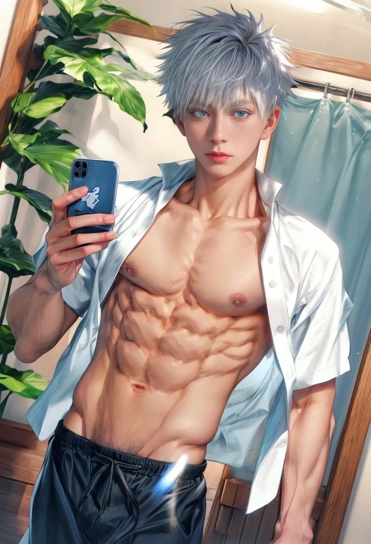 1 male, high resolution 8k, young, handsome, perfect face detail, detailed eyes and face, clean shaved, sixpack realistic, white eyebrow hair, white eyelashes, dynamic lighting, unreal engine, hd picture, satoru gojo, Jujutsu kaisen, white hair, short hair ,hair between eyes ,blue eyes, white skin, Use an iPhone