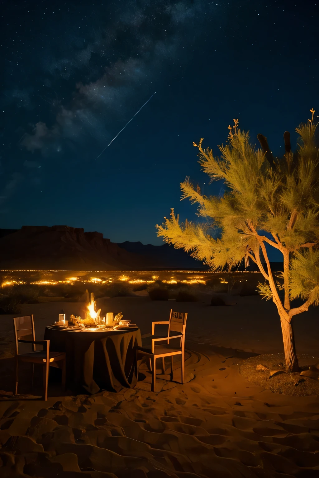 Desert night with starry bonfire
