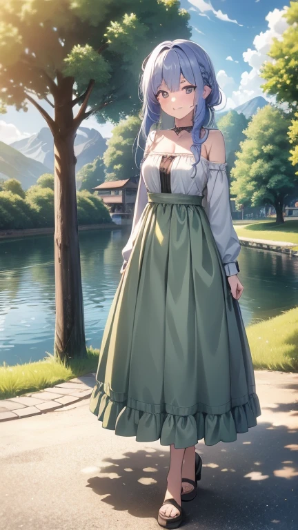 A girl around 16 years old, a little more mature, active and wearing a casual dress, medium-long light ash blue hair, beautiful jade-colored almond eyes, around 150cm tall, standing to the right of the lake in Switzerland
