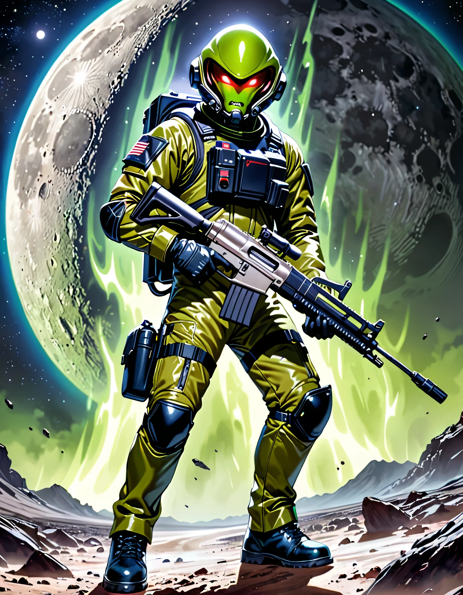 (masterpiece), (best quality), (hires), 1male, male focus, alien, extraterrestrial, (human face, angry, clenched teeth) ((green-skinned male)), solo, solo focus, An alien man in a dark blue military officer suit, spacesuit, helmet, holding a blaster rifle, pouches, black combat boots, silver space armor, desolate moon background, warlike atmosphere, signaling to charge, dark red eyes, cowboy shot, black gloves, matching boots.