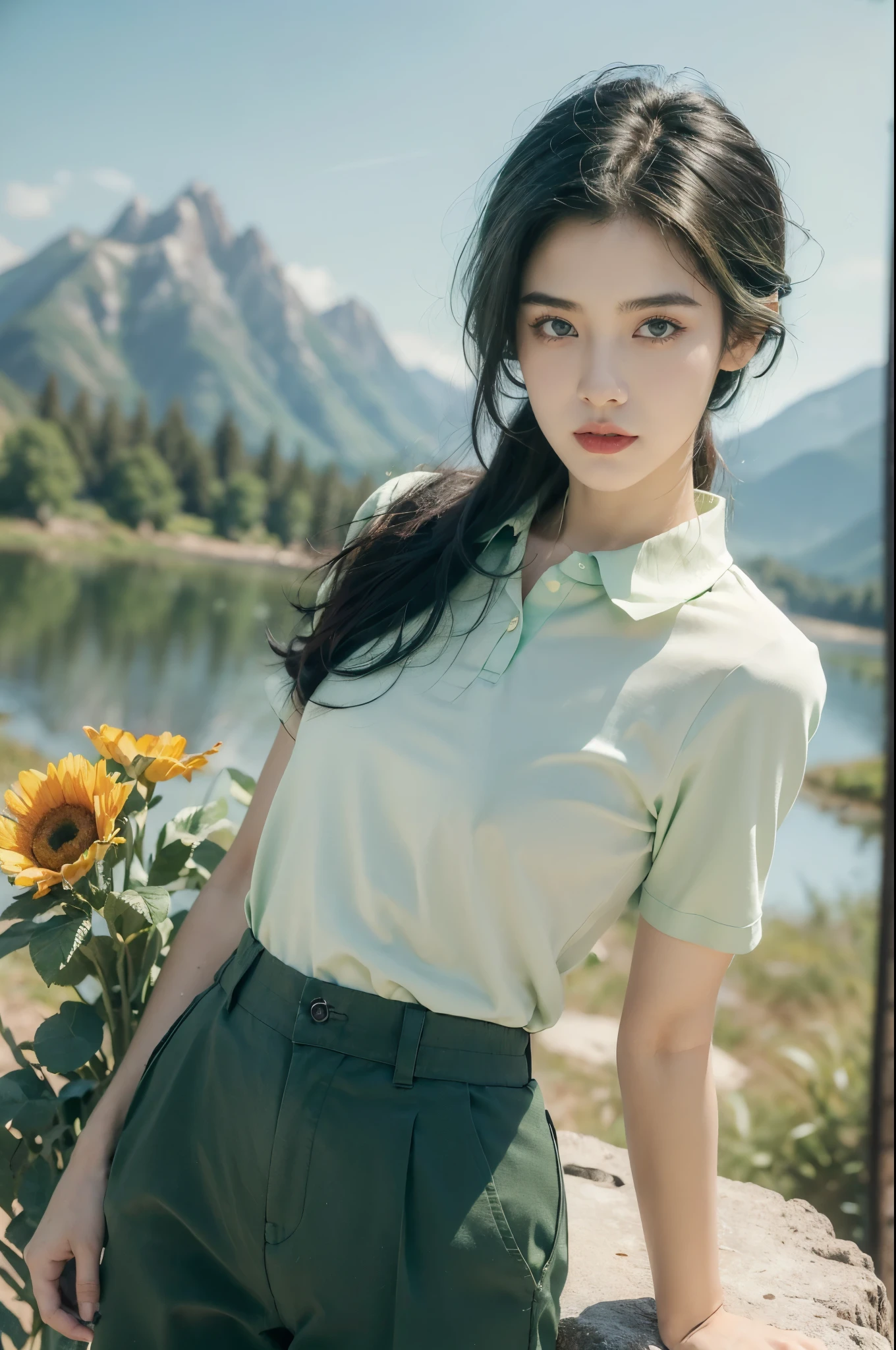 (((best quality))),(((ultra detailed))),(((masterpiece))),illustration,((1 beautiful girl,tomboy,solo)),(short black hair:1.3),((slim,thin)),((small breasts,thin)), vigorous, confident, (light green collared short-sleeved shirt:1.3), (dark green pants:1.2),(standing:1.3),simplicity, robustness, strong features, (Abandoned Gobi Scene:1.3),(Rock surface:1.2),glowing eyes, rebellious, sensible, (mountainous landscape:1.3), (vibrant colorful flowers:1.3),elegance, unyielding spirit, youthful beauty, strength, resilience, adversity, challenges,((from front,upper body))