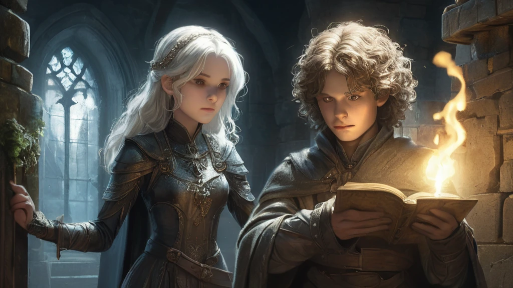 In the dim, ancient chamber of a dark medieval castle, a brown-curly-haired boy and a white-haired girl stand side by side. The chamber is lit only by the faint, flickering light of torches mounted on the stone walls, casting eerie shadows that dance across their faces. The boy, with his untamed curls and curious eyes, clutches a weathered map, while the girl, with her striking white hair and intense gaze, holds a small, intricately carved amulet. The air is heavy with the scent of damp stone and aged parchment. Together, they face a large, ornate wooden door that creaks ominously, hinting at the mysteries and dangers that lie beyond. Their expressions are a mix of determination and trepidation as they prepare to uncover the secrets hidden within the castle's dark, labyrinthine depths.