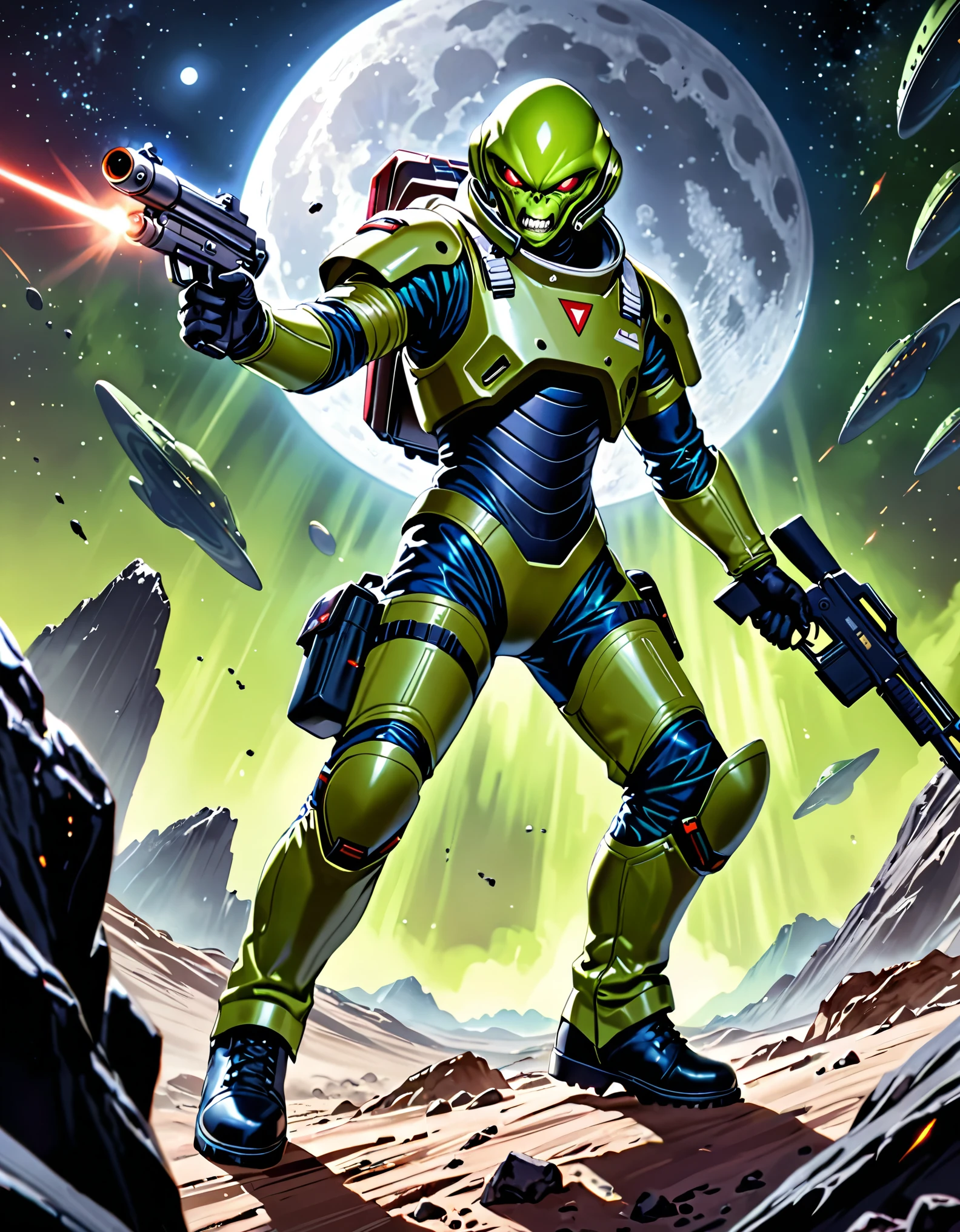 (masterpiece), (best quality), (hires), 1male, male focus, alien, extraterrestrial, (human face, angry, clenched teeth) ((green-skinned male)), solo, solo focus, An alien man in a dark blue military officer suit, spacesuit, helmet, holding a blaster rifle, pouches, black combat boots, silver space armor, desolate moon background, warlike atmosphere, signaling to charge, dark red eyes, cowboy shot, black gloves, matching boots.