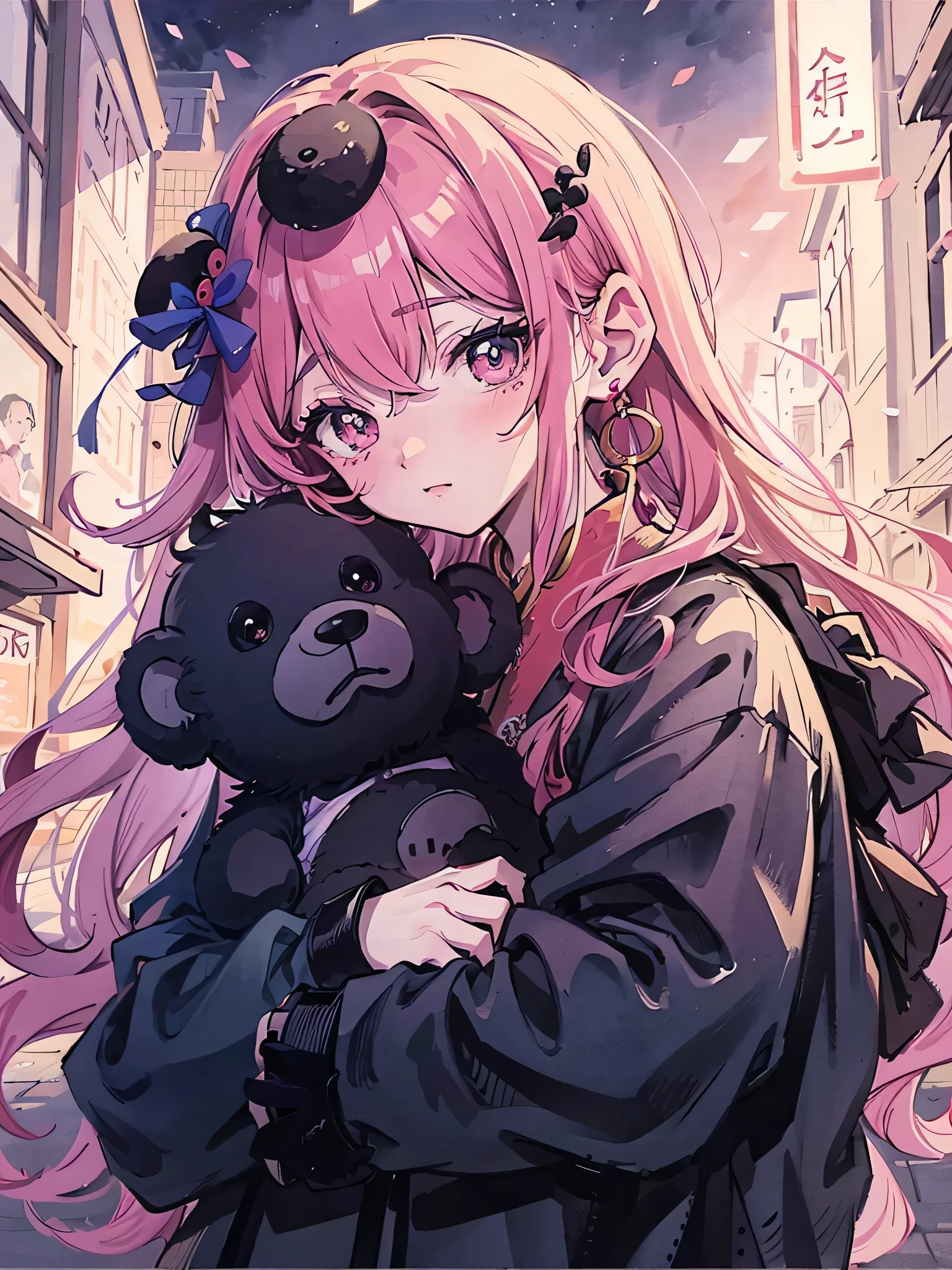 anime girl with pink hair holding a black teddy bear in a city, anime style 4 k, artwork in the style of guweiz, anime style. 8k, cute anime girl, anime moe artstyle, guweiz, anime vibes, anime style portrait, anime art wallpaper 4k, anime art wallpaper 4 k, anime style illustration, nightcoreHD, (Best Detail), (Best Quality), ink painting, (Chinese style), detailed and delicate face, serafuku,