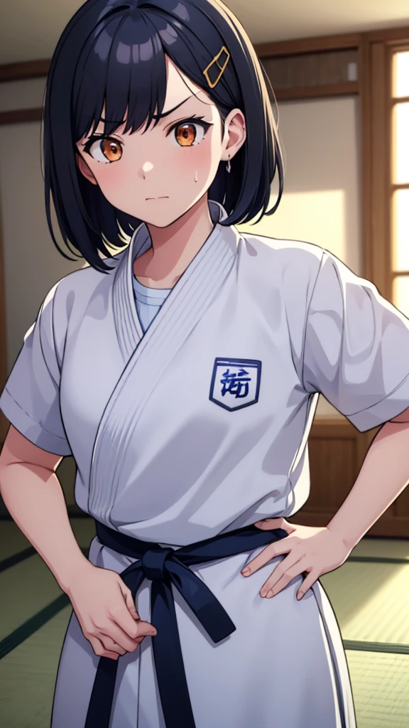 ((masterpiece, Highest quality, Very detailed, Very nice 8K CG wallpaper)), , A little thick, Medium Hair, Dark hair with a slight navy blue tint, short hair, dark orange eyes,judo player、長袖judo着、Large bust、ロングjudoパンツ、judo、Serious expression、Inside the judo Gymnasium、、On the tatami、discovery、One Girl、Ready for battle、A tough fight、Shiraishi Apricot、Bust Size D Cup、Sweating、Smells like a boy had a violent fight、男の子の汗肌やjudo着についている