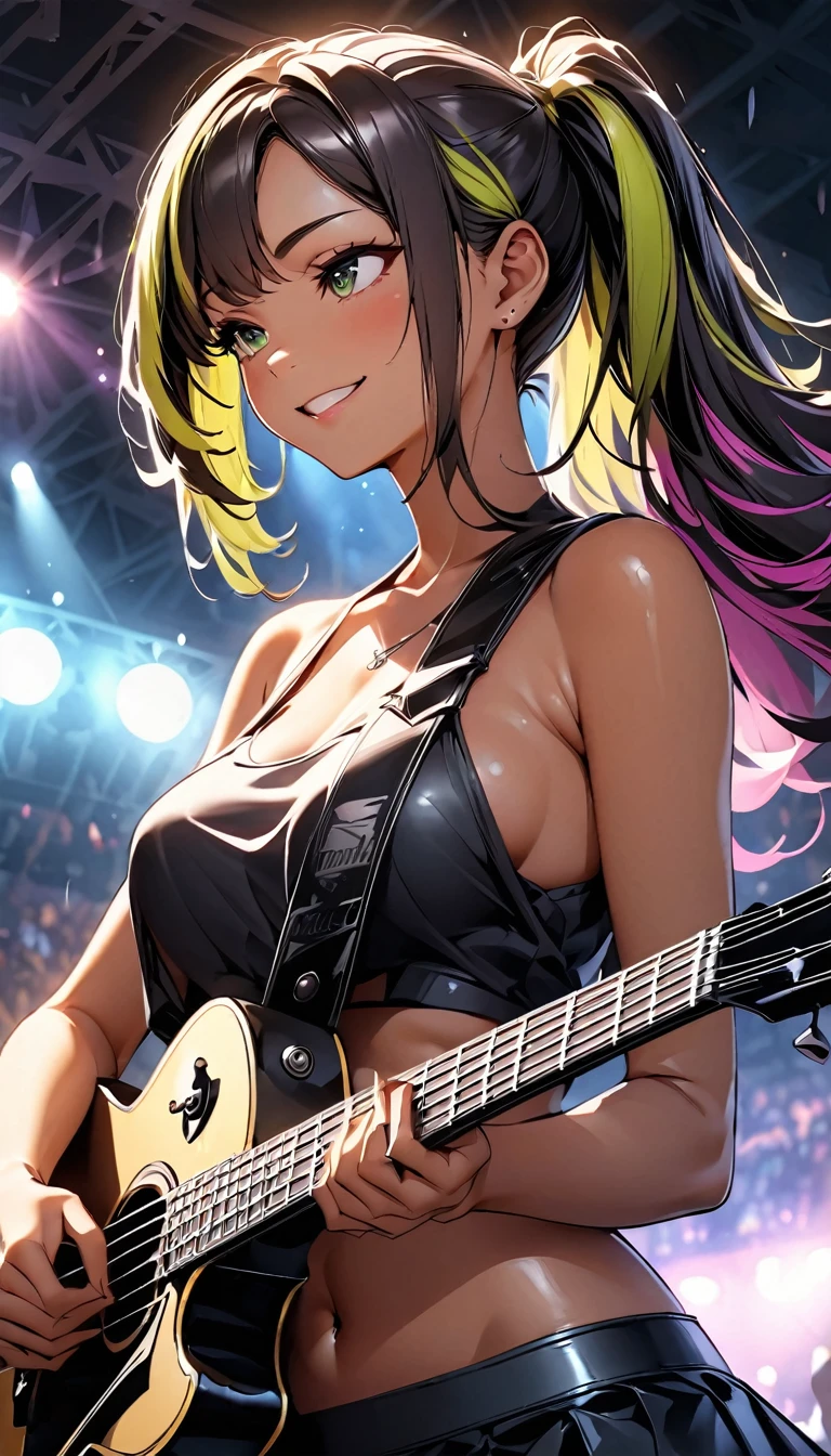 (highest quality:1.2, Very detailed, up to date, Vibrant, Ultra-high resolution, High Contrast, masterpiece:1.2, highest quality, Best aesthetics), Portraiture、girl、(Playing guitar:1.5)、Electric guiter、Gibson Les-Paul, stage、performance、Rock Music、Bright colors、Beautiful fine details、Beautiful lip detail、long hair、ponytail, white and yellow green ((streaked hair:1.6)), highlights hair: 1.5, medium breast, (tan skin:1.1), (dynamic pose:1), Concert Light、Edgy Style、(black Tank-top-Bikini:1), crop top navel, mini skirt, loose fit, Dynamic Movement、hypnotic sounds、Stadium、amplifier、Loud music、Concert atmosphere、Music Festival、Full of emotion、Avid Fan、An exciting atmosphere、An unforgettable show, side view, smile, look far away, (upper body:1.5)