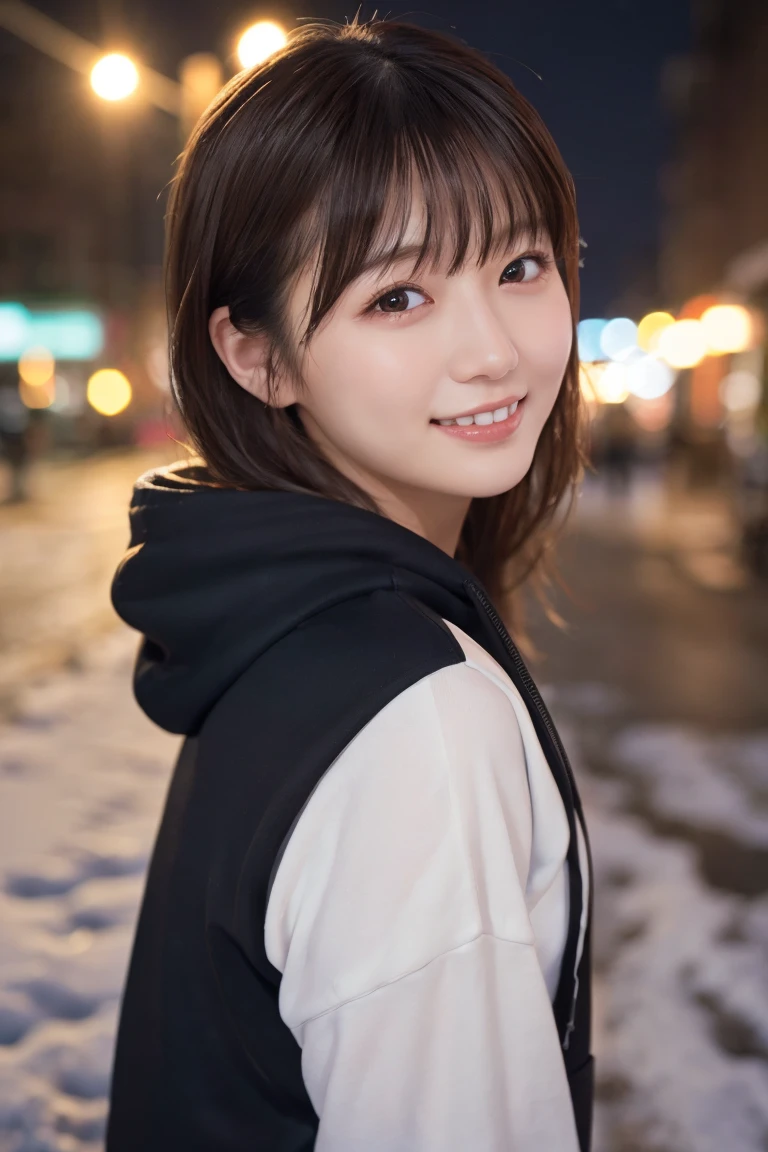 1 girl, (Wear a black hoodie:1.2), (RAW Photos, highest qualthaty), (Realistic, Realistic:1.4), Tabletop, Very delicate and beautiful, Very detailed, 2k wallpaper, wonderful, finely, Very detailed CG Unthaty 8K 壁紙, Very detailed, High resolution, Soft Light, Beautiful detailed girl, Very detailed目と顔, Beautiful and sophisticated nose, finelyて美しい目, Cinema Lighting, Illuminations that light up the cthaty on a snowy night, Snow Scene, that'that'it's snowing, Snow fell in my hair, Perfect Anatomy, Slender body, Was nervous,
Straight semi-long hair, bangs, Looking at the audience, smile、Fluffy scarf、