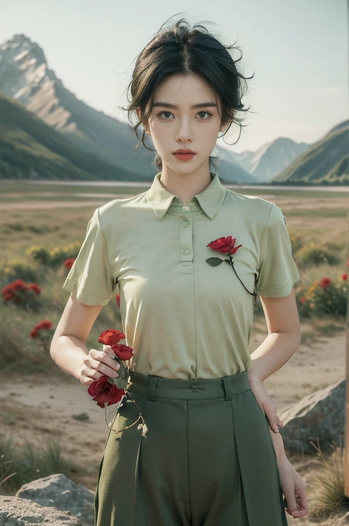 (((best quality))),(((ultra detailed))),(((masterpiece))),illustration,((1 beautiful girl,tomboy,solo)),(short black hair:1.3),((slim,thin)),((small breasts,thin)), vigorous, confident, (light green collared short-sleeved shirt:1.3), (dark green pants:1.2),(standing:1.3),simplicity, robustness, strong features, (Abandoned Gobi Scene:1.3),(Rock surface:1.2),glowing eyes, rebellious, sensible, (mountainous landscape:1.3), (vibrant red flower:1.3),elegance, unyielding spirit, youthful beauty, strength, resilience, adversity, challenges,((from front,upper body))
