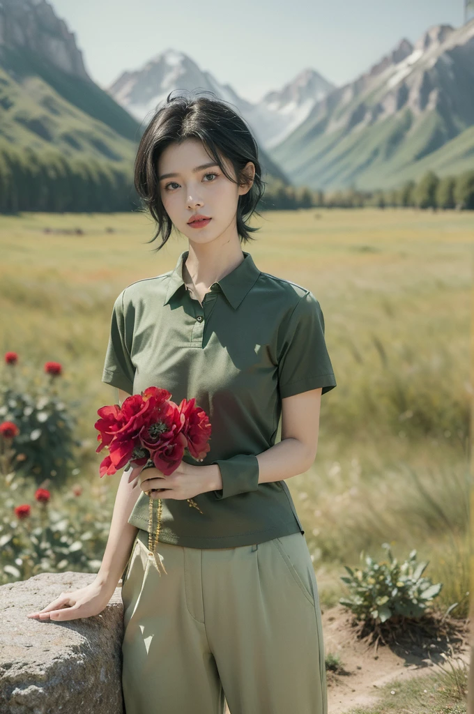 (((best quality))),(((ultra detailed))),(((masterpiece))),illustration,((1 beautiful girl,tomboy,solo)),(short black hair:1.3),((slim,thin)),((small breasts,thin)), vigorous, confident, (light green collared short-sleeved shirt:1.3), (dark green pants:1.2),(standing:1.3),simplicity, robustness, strong features, (Abandoned Gobi Scene:1.3),(Rock surface:1.2),glowing eyes, rebellious, sensible, (mountainous landscape:1.3), (vibrant red flower:1.3),elegance, unyielding spirit, youthful beauty, strength, resilience, adversity, challenges,((from front,upper body))