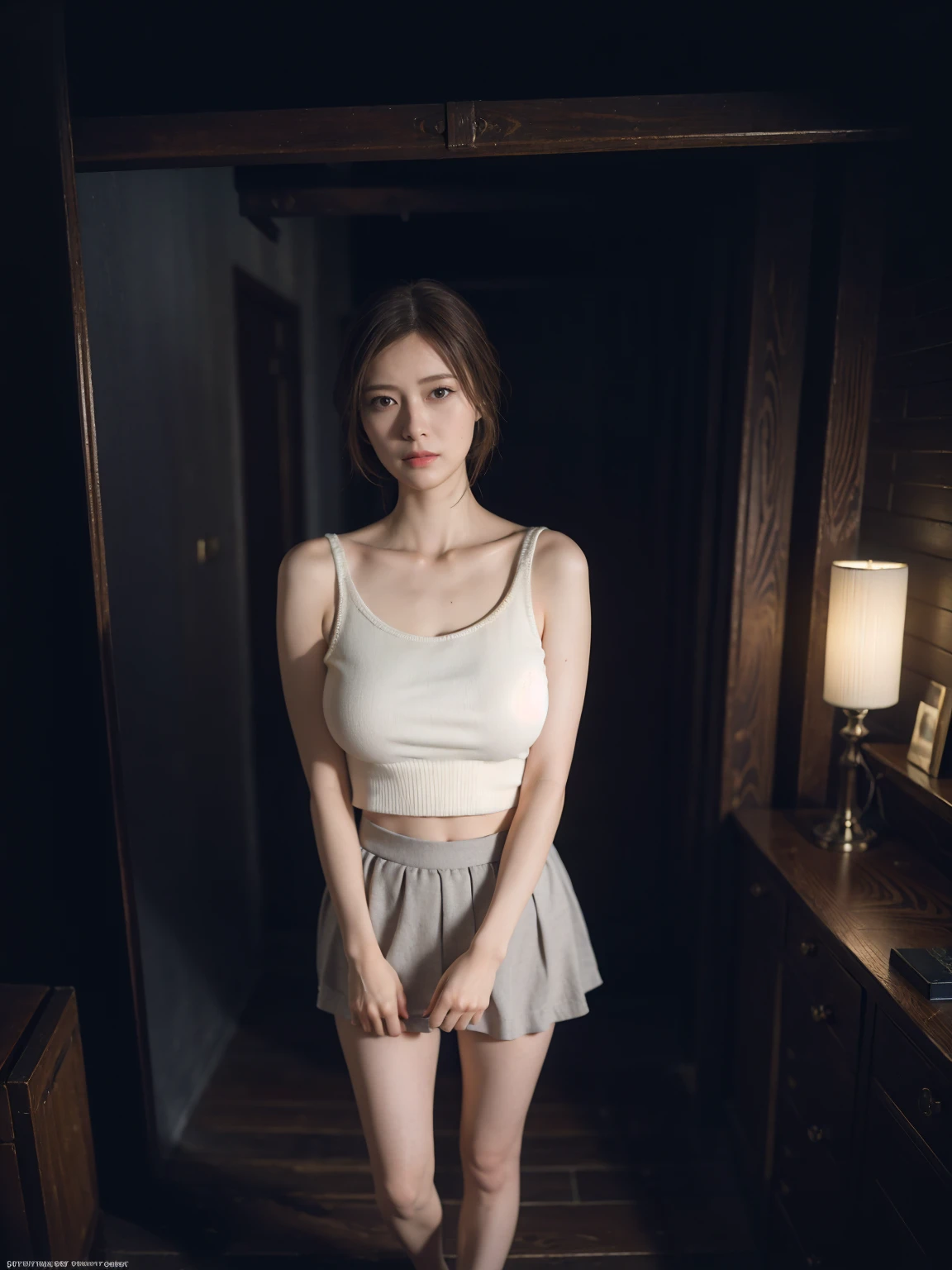 1girl, woman, masterpiece, best quality, highest quality, cinematic lighting, (volumetric lighting), extremely detailed CG unity 8k wallpaper, focused, 8k wallpaper, extremely detailed, ultra realistic, photorealistic, sharp focus, absurdres, (HDR:1.2), (high contrast), photograph, detailed and intricate, instagram, portrait, highly detailed, digital painting, artstation, concept art, smooth, sharp focus, illustration, cinematic lighting, (natural big breast), black short skirt, eyes looking at the viewer, ((medium shoulder)), (skinny legs), (slender body), (((height 163cm))), (HQ skin:1.2, Realistic human body structure), (Full body:1.4), (aerial photo shot), (wearing knit tanktop, short skirts), long hair