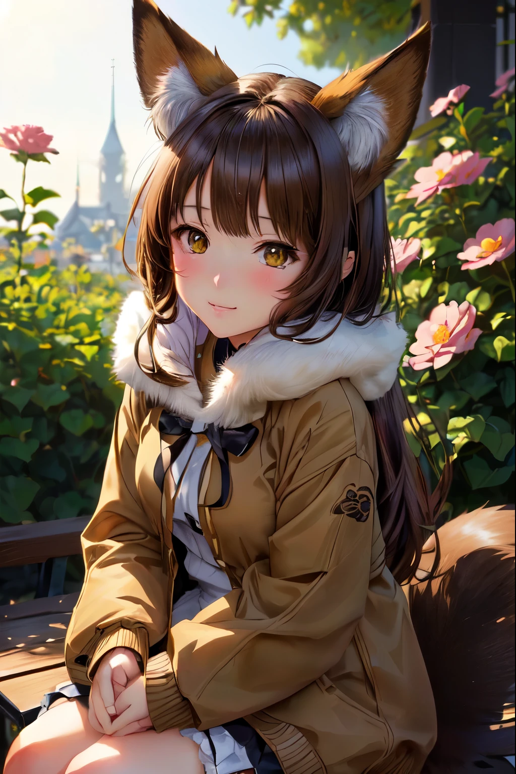 Anime girl with brown hair and brown ears sits on a bench, work in Guweiz style, very beautiful cute cat girl, realistic anime style, beautiful anime cat girl, realistic anime 3d style, Cute anime girl, kawaii realistic portrait, beautiful young cat lady, Realistic anime girl, Photorealistic render of an anime girl, cute anime cat girl