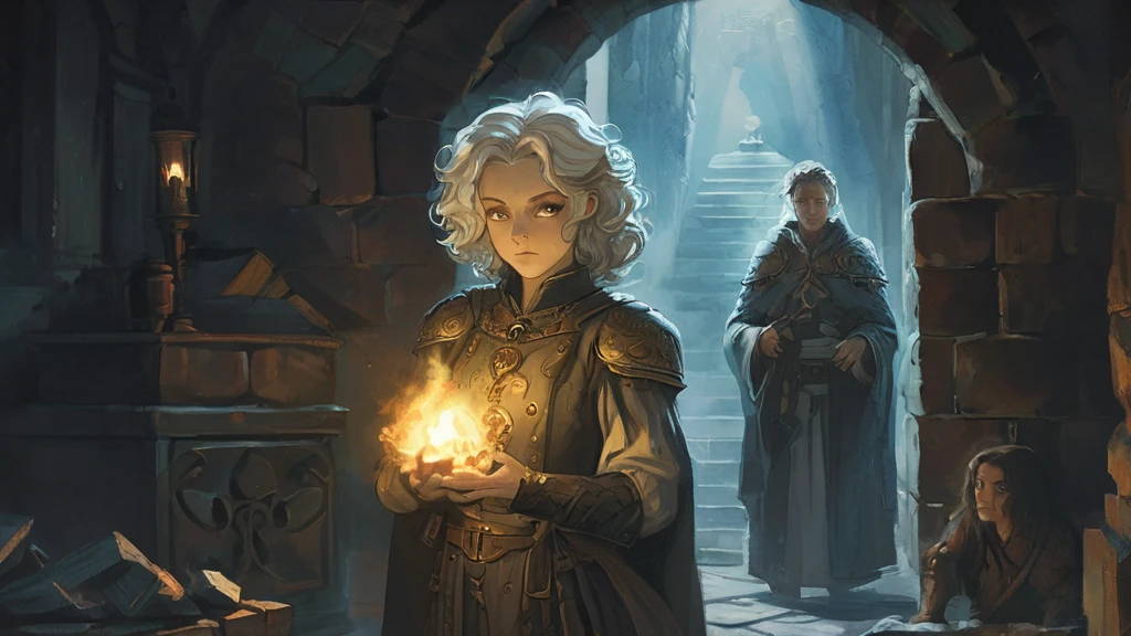 In the dim, ancient chamber of a dark medieval castle, a brown-curly-haired boy and a white-haired girl stand side by side. The chamber is lit only by the faint, flickering light of torches mounted on the stone walls, casting eerie shadows that dance across their faces. The boy, with his untamed curls and curious eyes, clutches a weathered map, while the girl, with her striking white hair and intense gaze, holds a small, intricately carved amulet. The air is heavy with the scent of damp stone and aged parchment. Together, they face a large, ornate wooden door that creaks ominously, hinting at the mysteries and dangers that lie beyond. Their expressions are a mix of determination and trepidation as they prepare to uncover the secrets hidden within the castle's dark, labyrinthine depths.