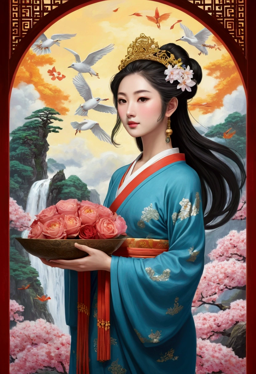 Ghibli style, The beautiful roof of the Celestial Cave is covered under a painting that has been flying for a week,Some bouquets,Some music,Offerings to Buddha。東斜面北側に飛行body2body,The pose in the picture is perfect。Both in one pan,Wearing a crown of beads,Upper body naked,necklace,Armory,Plump face,Beautiful eyebrows。Holding a flower plate in one hand,With a crested head in hand,Glyphs blooming on the walls of the Tenkyu fence,Flying against the wind,the dress flutters,Long ribbons fly away,bodyの上を飛ぶ,Flowers fall,Flying under the sky,Colorful clouds swirling,The power of flying in the Tang Dynasty,but、Its flight dynamics are also brilliant.,Sky mountain and river 4k wallpaper.Bright atmosphere."
