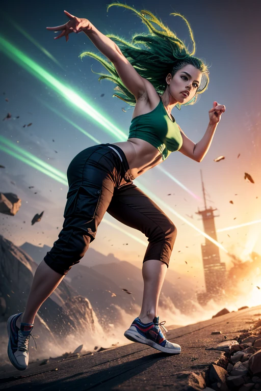 (masterpiece, best quality:1.2), Tatsumaki, beautiful face, solo, break dancing, power movements, strenuous movements, intense footwork, Dynamic Motion Blur, Sweat shines and pops, cyberpunk, lips apart, (green hair, brown eyes), Anatomically accurate hands and fingers, (crop top, cargo pants, sneakers), Fluttering hair, particles, atmosphere full of steam, professional lighting, cinematic lighting, Dynamic action scenes, 