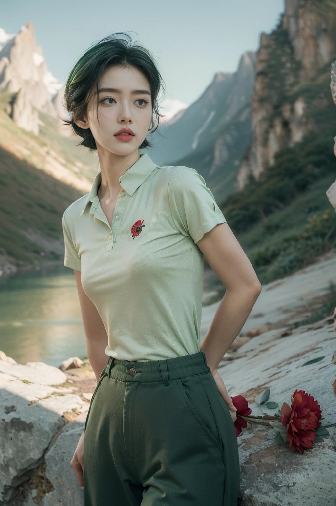 (((best quality))),(((ultra detailed))),(((masterpiece))),illustration,((1 beautiful girl,tomboy,solo)),(short black hair:1.3),((slim,thin)),((small breasts,thin)), vigorous, confident, (light green collared short-sleeved shirt:1.3), (dark green pants:1.2),(standing:1.3),simplicity, robustness, strong features, (Abandoned Gobi Scene:1.3),(Rock surface:1.2),glowing eyes, rebellious, sensible, (mountainous landscape:1.3), (vibrant red flower:1.3),elegance, unyielding spirit, youthful beauty, strength, resilience, adversity, challenges,((from front,upper body))