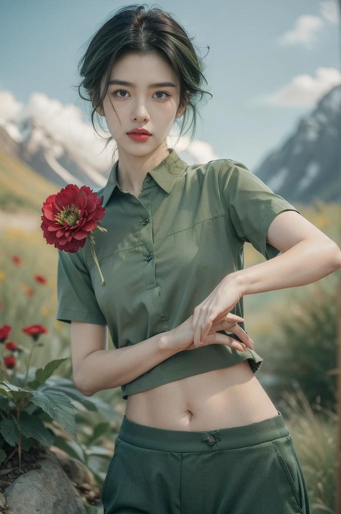 (((best quality))),(((ultra detailed))),(((masterpiece))),illustration,((1 beautiful girl,tomboy,solo)),(short black hair:1.2),((slim,thin)),((small breasts,thin)), vigorous, confident, (light green collared shirt:1.3), (dark green pants:1.2),(standing:1.3),simplicity, robustness, strong features, (Abandoned Gobi Desert Scene:1.3),glowing eyes, rebellious, sensible, (mountainous landscape:1.3), (only one vibrant red flower:1.3),elegance, unyielding spirit, youthful beauty, strength, resilience, adversity, challenges,((from front,upper body))
