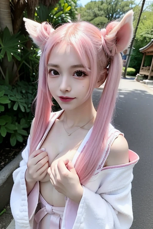 ((Pink Hair))、((Pink Hair))、((Twin tails))、((Highest quality、8k、masterpiece))、((Landmine Girl))((Highest quality、8k、masterpiece))、Sharp focus:1.2、Small fox ears、e 17 rl with perfect figure:1.4、Slim Abs:1.2、((Her breasts are protruding))、street:1.2、Highly detailed face and skin texture、fine grain、(The chest is exposed)、double eyelid、shoulder、Close-up of a woman in a kimono posing for a photo、((Hide your chest with both hands))、Japanの女神、Japan人モデル、white、((Small breasts))、((Shrine maiden costume))、Japan、Drawing attractive anime girls、Cleavage