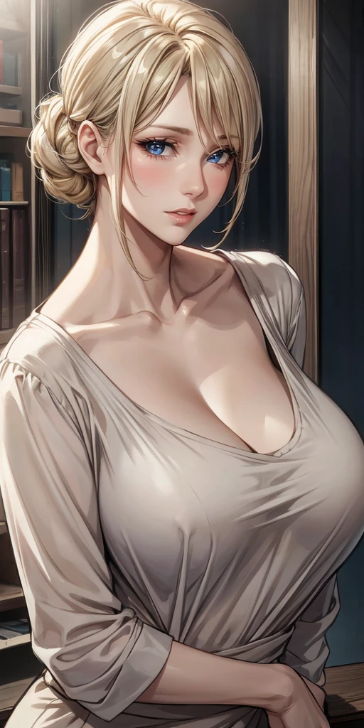 Seductive mature woman, milf, brown eyes, blonde hair, soft light, 4k resolution, high quality, beautiful cg