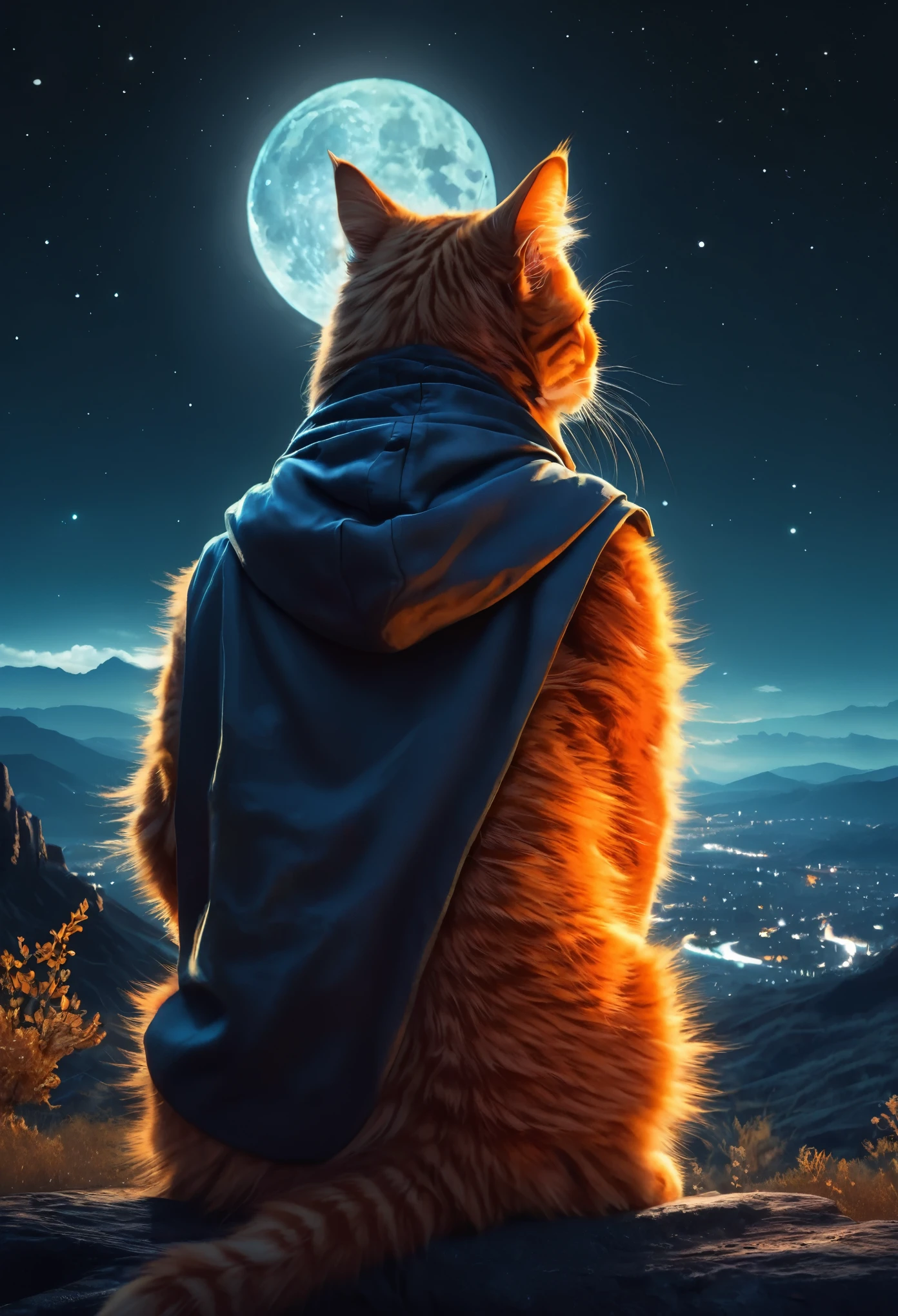 Fluffy orange cat. Surreal landscape with moonlight, Featuring a hooded silhouette and faceless features. The silhouette is highlighted with glowing glyphs and symbols, This is accentuated by the character's large hood and long claws.