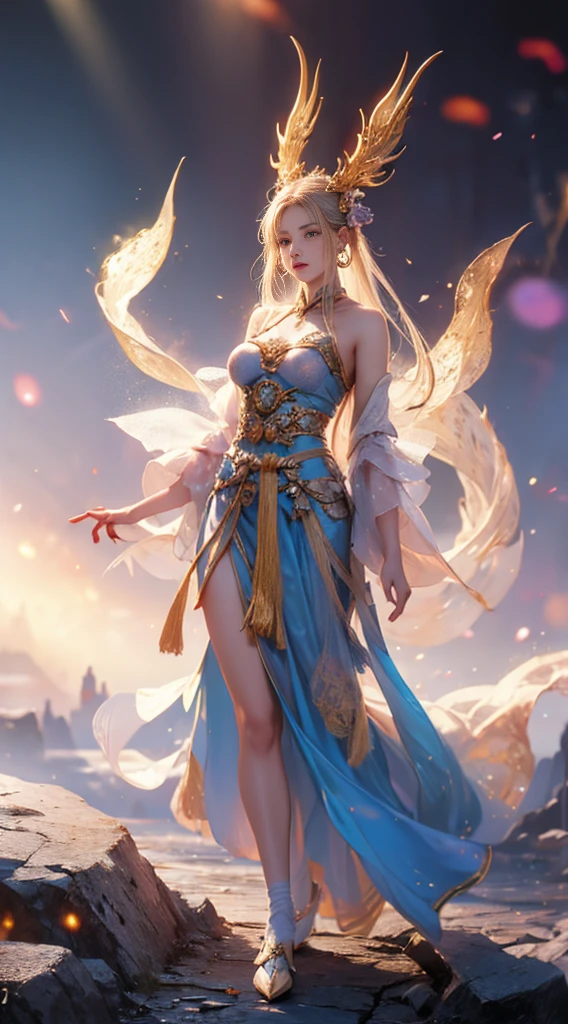 realistic image Young mage woman, tight and Beautiful blue saree decorated with golden filigrams, V-neckline, leather and gold belt, perfect and symmetrical eyes, piercing gaze, in a dynamic composition, finely artistic random pose, Jose Royo, Boris Vallejo style, Carne Griffiths, Wadim Kashin, Alyssa Monks, Brian Froud, Loish, Nho Eskape, trendy art station, cgsociety, atmosphere of darkness and horror, dramatic light, very detailed, filled with details of hidden things, hyper realistic, in the wallpaper portrait style, colorful realism, realistic attention to detail, highly detailed and colorful realism, UHD, 8K