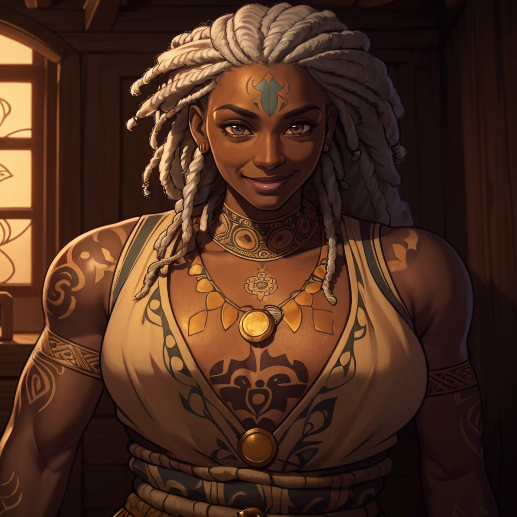 a dark skin ((50y)) woman, aged, dreadlocks hair, gray hair, tattoos on arms, cian tattoos, (wearing outfits with african prints, like a NPC for a Medieval RPG), confident expressions, smiling, at small village, | (8k, RAW photo, best quality, masterpiece:1.2), ultra-detailed, (high detailed skin:1.2), 8k uhd, dslr, soft lighting, high quality, ((upper body)), ((LOOKING at the VIEWER)), asura, film grain, highly detailed shading