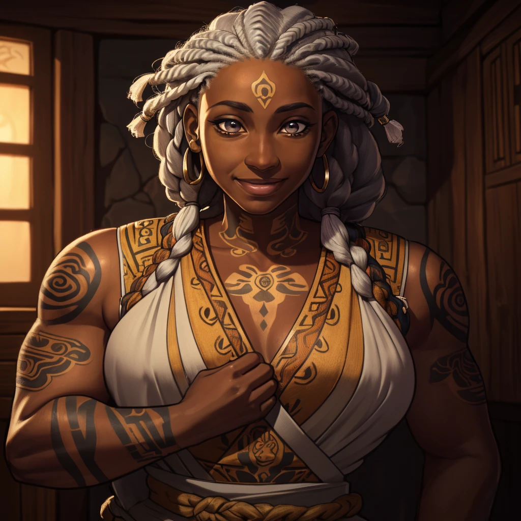 a dark skin ((50y)) woman, aged, dreadlocks hair, gray hair, tattoos on arms, cian tattoos, (wearing outfits with african prints, like a NPC for a Medieval RPG), confident expressions, smiling, at small village, | (8k, RAW photo, best quality, masterpiece:1.2), ultra-detailed, (high detailed skin:1.2), 8k uhd, dslr, soft lighting, high quality, ((upper body)), ((LOOKING at the VIEWER)), asura, film grain, highly detailed shading