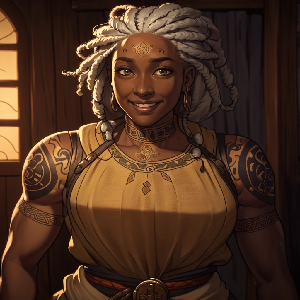 a dark skin ((50y)) woman, aged, dreadlocks hair, gray hair, tattoos on arms, cian tattoos, (wearing outfits with african prints, like a NPC for a Medieval RPG), confident expressions, smiling, at small village, | (8k, RAW photo, best quality, masterpiece:1.2), ultra-detailed, (high detailed skin:1.2), 8k uhd, dslr, soft lighting, high quality, ((upper body)), ((LOOKING at the VIEWER)), asura, film grain, highly detailed shading