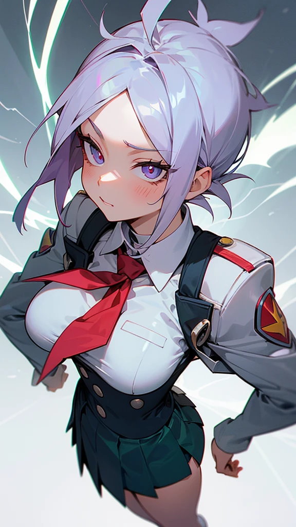 Girl, very, very short silver hair, one long pigtails, silver, big breasts, silver clothes, combat stance