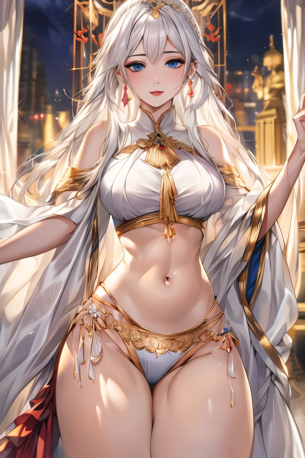 ((best quality)), ((Masterpiece)), (details:1.4), 3d, woman, HDR (high dynamic range), woman, Curtain Bangs, white hair, blue eyes, PBR surface, After processing, Anisotropic filtration,depth of field, Maximum clarity and clarity, multi-layered surface, perfect proportions, 8K raw files, at night, ผมหลายชั้น, กระโปรงสั้น, natural lighting, soft lighting, sunlight, หน้าอกใหญ่, hips up, night life, เสื้อผ้าขนาดใหญ่, ตกแต่ง, เสื้อคลุมลัทธิเต๋า