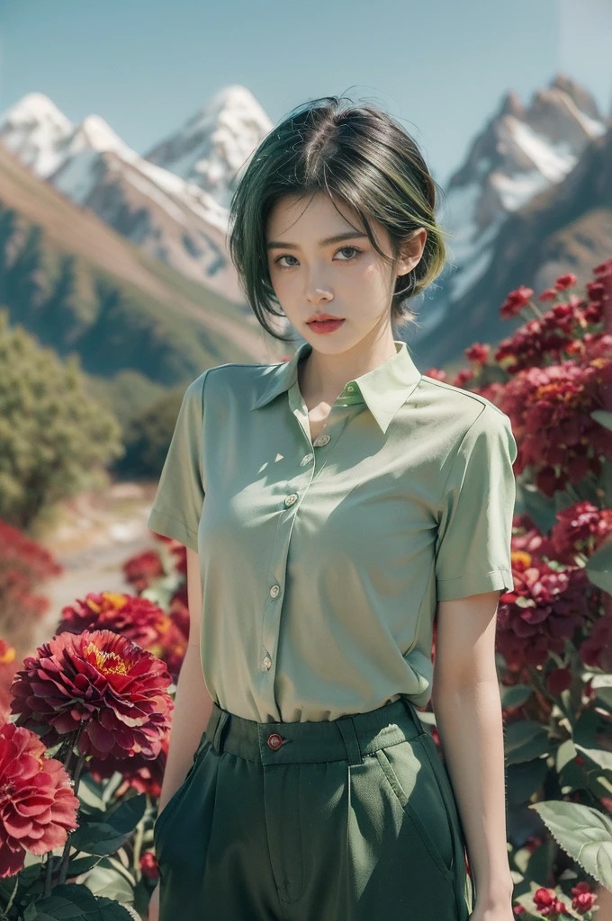 (((best quality))),(((ultra detailed))),(((masterpiece))),illustration,((1 beautiful girl,tomboy,solo)),(short black hair:1.3),((slim,thin)),((small breasts,thin)), vigorous, confident, (light green collared short-sleeved shirt:1.3), (dark green pants:1.2),(standing:1.3),simplicity, robustness, strong features, (Abandoned Gobi Scene:1.3),(Rock surface:1.2),glowing eyes, rebellious, sensible, (mountainous landscape:1.3), (beside a vibrant red flower:1.3),elegance, unyielding spirit, youthful beauty, strength, resilience, adversity, challenges,((from front,upper body))
