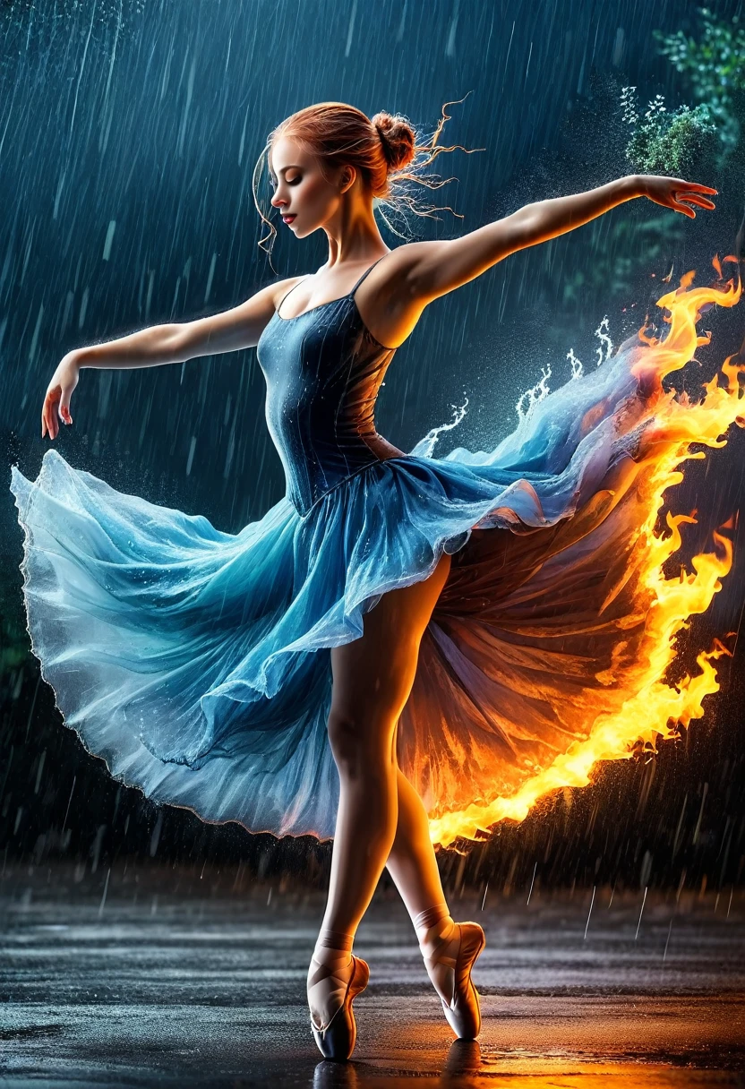 a portrait of female classical ballet prima ballerina dancing in the rain, a full body picture ((anatomically correct: 1.5)) of a exquisite beautiful female dancer wearing silk evening dress, intricate dress, (dress is on fire: 1.3), dynamic hair color, dynamic hair style, dynamic skin complexion, wearing ballet shoes, wearing thigh highs, ((she is standing in the middle of the rain storm: 1.5)),  she is wet, yet enjoys the dance in the rain, cloudy night, lightning storm, dynamic background, vibrant, Ultra-high resolution, High Contrast, (masterpiece:1.5), highest quality, Best aesthetics), best details, best quality, highres, 16k, (ultra detailed: 1.5), masterpiece, best quality, (extremely detailed) RAW, (ultra details, Masterpiece, best quality), Cinematic Hollywood Film, artxldnc, 