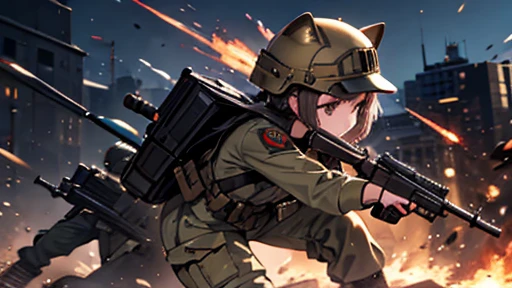helmet,girl,army,battle field,holding_ak-47,cat years,cute,dynamic angle,fight!,masterpiece,best quality,super fine illustration,perfect hands,perfect face,8k,detailed background,in city,Break she is running forward.around army,detailed background,