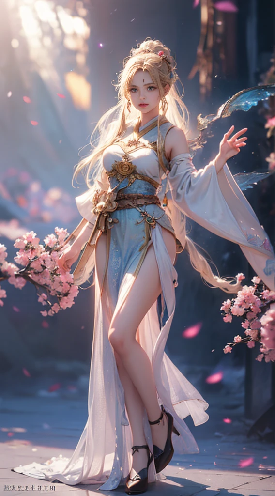 (((masterpiece))), (((best quality))), ((ultra-detailed)),(highly detailed CG illustration), ((an extremely delicate and beautiful)),cinematic light, Create a stunning fantasy artwork that mimics the style of currently trending masters of the genre. The art piece should contain elements of both mythic fantasy and fairytale fantasy with colorful accents. ((Utilize various shades of pink and watercolor pastels as the main color scheme.)) The character in the artwork is a delicate but strong petite figure with an aura of mystery and magic. Pay close attention to intricate facial features, such as mesmerizing eyes with vibrant colors and bold shading. The character's clothing should be designed with gossamer feathers, silk, stunning embroidery, and subtle iridescent details. Incorporate dreamy colors, dynamic lighting, and detailed background elements to create a sense of awe and immersion. Include colorful flying magical birds and jewel-toned butterflies radiating a magical aura. Consider the latest trends in fantasy art, such as incorporating unique lighting effects, exploring dynamic and compelling composition techniques, and experimenting with unique color palettes. Take inspiration from the top artists on ArtStation and Midjourney. Camera: Choose an angle that highlights the character's beauty and enhances the magical majesty of the artwork. Lighting: Utilize atmospheric lighting techniques to create depth and mood. Resolution: Aim for a high-resolution artwork to showcase intricate details and clarity. Art Inspirations: Seek inspiration from the trending artists on ArtStation, exploring different styles, genres, and themes.