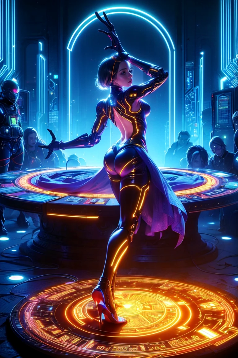 ultra-detailed award winning full body masterpiece, highres, katara, (textured dark brown skin, dark skin, dark skinned), wink, smile, blowing kiss, glowing blue eyes, thick lips, narrow waist, flat belly, gymnast physique, thin athletically built body, thick claves, black lipstick, maskara, blush, Sweat, large breasts, big butt, longeyelashes, big ass, dark brown hair, low ponytail, blush, long hair, sculpted thick thighs, (futuristic holographic full body ao dai styled bodysuit, metallic sandals, cyberpunk, sci-fi, street, big belt cinched tight), Perfect body, Best Quality, 8K, UHD, high quality, super detail high details