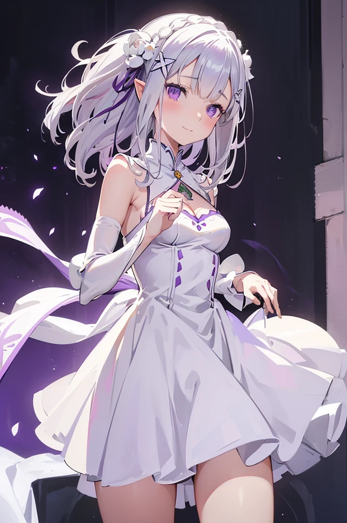 Emilia, nsfw, 
Rezero Emilia, peferct female body, 
One girl, ((empty eyes)), ((((middle hair(0.8))))),
Best illustrations, masterpiece, Highest quality, (Anime screenshots:0.8), (Official Art:0.7), Beautiful face and eyes in every detail, Nice hands, Perfect hands,  Braiding, crown Braiding, Animate, Anime key visual, Gray Hair, (Detail focus hand:1.2), 
(Purple eyes:1.2), (Beautiful attention to detail:1.6),
Pointed Ears,
(smile), 
(white china dress), tight mini skirt, sleeveless, ultra detailed dress,cleavage, cleavage cutout, clothing cutout,
Medium chest(2.0), 
flower, hair flower, hair ornaments, Hair Ribbon,   white flower, x hair ornaments,
Cowboy Shot ,
Perfect lighting,
Indoor Background, 