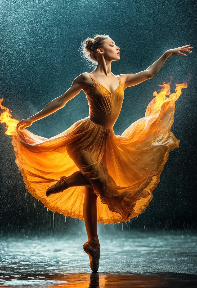 a portrait of female classical ballet prima ballerina dancing in the rain, a full body picture ((anatomically correct: 1.5)) of a exquisite beautiful female dancer wearing silk evening dress, intricate dress, (dress is on fire: 1.3), dynamic hair color, dynamic hair style, dynamic skin complexion, wearing ballet shoes, wearing thigh highs, ((she is standing in the middle of the rain storm: 1.5)),  she is wet, yet enjoys the dance in the rain, cloudy night, lightning storm, dynamic background, vibrant, Ultra-high resolution, High Contrast, (masterpiece:1.5), highest quality, Best aesthetics), best details, best quality, highres, 16k, (ultra detailed: 1.5), masterpiece, best quality, (extremely detailed) RAW, (ultra details, Masterpiece, best quality), Cinematic Hollywood Film, artxldnc, 