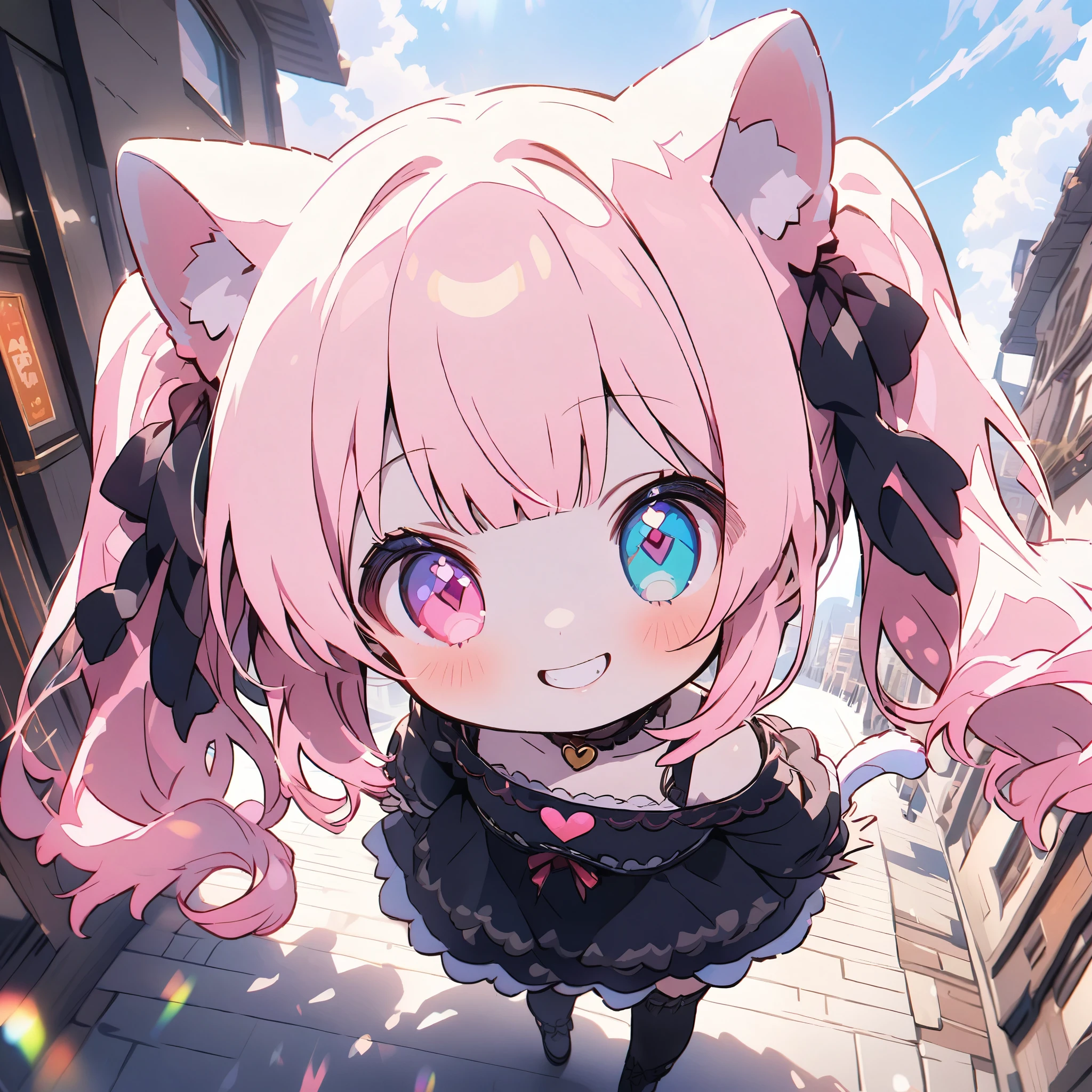 
Prompt: Create an image of a cute 9--old l with cat ears and twin tails, playing in the city with a heterochromatic black cat. The girl has pink hair and heterochromatic eyes (one blue and one green). She is wearing a short-sleeve top and a mini skirt. The background shows a bustling cityscape with buildings, shops, and people passing by. The girl and the black cat, which also has heterochromatic eyes, are playfully interacting, capturing a moment of joy and fun in the urban setting.


