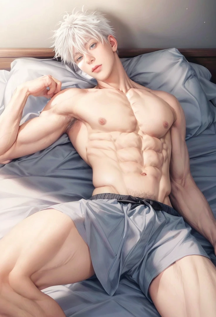 1 male, high resolution 8k, young, handsome, perfect face detail, detailed eyes and face, clean shaved, sixpack realistic, white eyebrow hair, white eyelashes, dynamic lighting, unreal engine, hd picture, satoru gojo, Jujutsu kaisen, white hair, short hair ,hair between eyes ,blue eyes, white skin