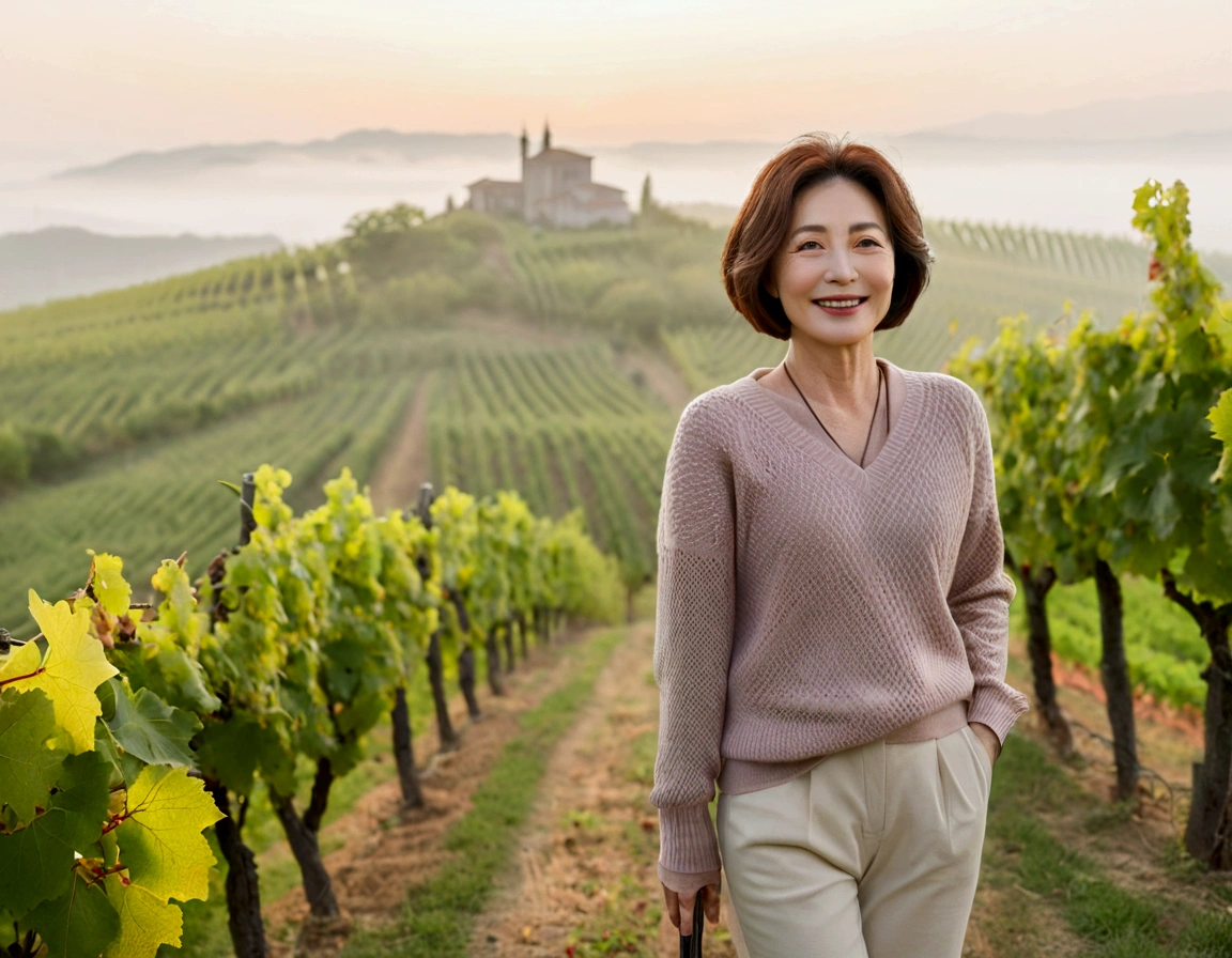 Italy foggy countryside dawn, Endless vineyards, A cathedral can be seen far away in the fog.. Close-up of a Korean woman in her 40s, Wearing a luxury brand slightly thick knit, casual pants, Korean woman with beautiful short medium bob hair, Standing on a path on top of a vineyard hill, Beautiful Korean woman with bright and clear skin, Stunning Korean woman smiling, standing in the vineyard , 1 woman