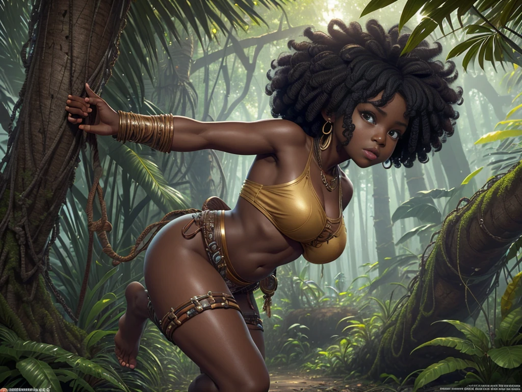 HD, dark skinned, young female, age 8, humanoid, honey, black afro hair, Jackie Parris, ((((Jackie Parris)))), full body cgsociety, 3 d character art, full character body, detailed full body concept, stylized character, erotica, ((young girl, 1girl, age 8)), ((complex detailed background, jungle, outside)), erotica, full body, sexy, loincloth, barefoot, wide hips, jungle, midget, thicc body, thicc, chubby, wide hips, small breasts, amazon, action pose