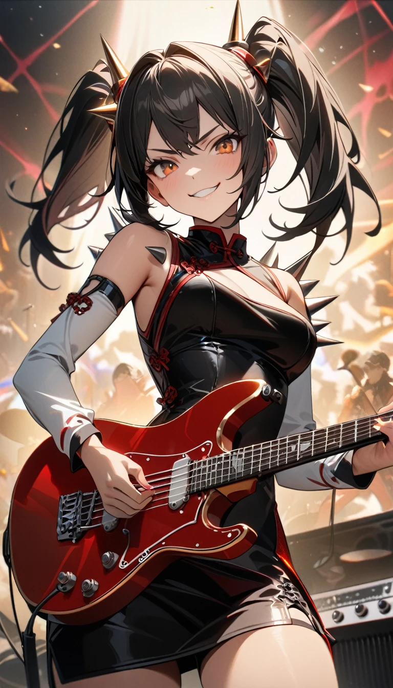 (One girl),Gothic,Twin tails,Gray Hair, Organza Lace,Gorgeous and elaborate clothes,Gothic, Electric guitar, flight, green, (colorful), Bold, Gradient Blend, Motion Blur, Sparkling Texture, Dynamic configuration, Atmospheric perspective, Impressionist, , (masterpiece), (Highest quality), wonderful, (Beautiful attention to detail), (In detail), Depth of written boundary, Highly detailed CG, original, Highly detailed wallpaper, (Vibrant colors), Cinema Lighting, (colorful), blush,