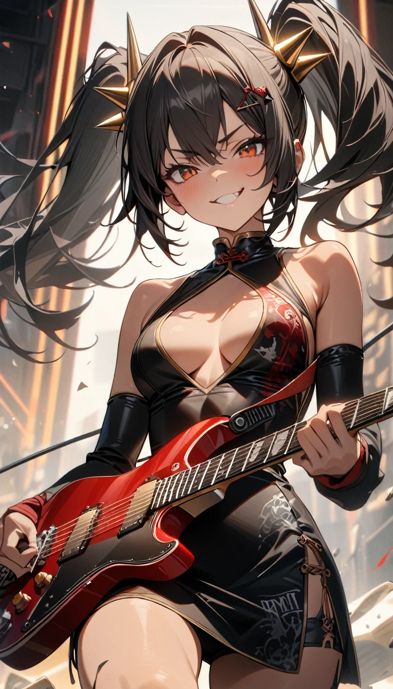 young girl, tanned skin, black hair, two spike ponytails, spike hairpin, amber eyes, black tight chinese dress, open breasts, tight white sleeves, black shorts, red elements, golden elements, spike shoulders, smirk, hard rock music, guitar, Masterpiece, best quality, Full HD, 8k, ultra details, great graphic
