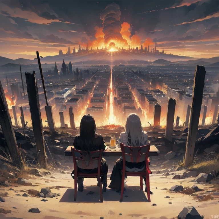 2girls, alone, lonely, sad, depressing, dark, cinematic, (watching the world burn), apocalypse, world ending, ruined buildings, dynamic shot, madness, glee, disappointment, stand above all, against the odds, desperate prayer, grim fate, cruel hope, death awaits, (high-fantasy), (((drinking beer on a lone chair in the middle of nowhere))), (fire all around), (burning flames all around), cinders, blaze, (gravestones everywhere), (((((one hundred red swords piercing ground))))), metropolis, skyscraper, (cityscape), end of the world, panorama, city exploding, warzone