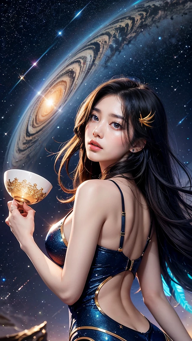 Show Anivia in her Cosmic Flight skin. She is a celestial being with starry, cosmic feathers and a radiant, massive k-cups,otherworldly glow. The background is a breathtaking view of the cosmos with swirling galaxies and shooting stars.