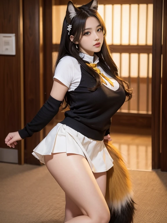 Atago (Azur Lane), 1 Female, Solo, Long Hair, Breasts, Looking at Viewer, Blushing, Smiling, Bangs, Skirt, Huge Breasts, (Huge Breasts: 1.8), Big Butt, (Big Butt: 1.8), Simple Background, Black Hair, Knee Socks, Gloves, Long Sleeves, White Background, Ribbon, Animal Ears, Brown Eyes, Underwear, Hair Ribbon, Yellow Eyes, Thighs, Shiny, Looking Back, Black Knee Socks, White Gloves, Mini Skirt, From Behind, Mole, Uniform, Military, Mole Under Eye, Military Uniform, Garter Straps, White Skirt, White Ribbon, Extra Ears, Pencil Skirt, Panty Lines, Butt Facing Viewer