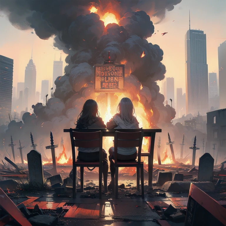 2girls, alone, lonely, sad, depressing, dark, cinematic, (watching the world burn), apocalypse, world ending, ruined buildings, dynamic shot, madness, glee, disappointment, stand above all, against the odds, desperate prayer, grim fate, cruel hope, death awaits, (high-fantasy), (((drinking beer on a lone chair in the middle of nowhere))), (fire all around), (burning flames all around), cinders, blaze, (gravestones everywhere), (((((one hundred red swords piercing ground))))), metropolis, skyscraper, (cityscape), end of the world, panorama, city exploding, warzone