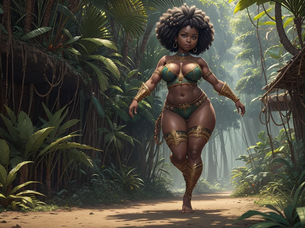 HD, dark skinned, young female, age 18, humanoid, honey, black afro hair, Jackie Parris, ((((Jackie Parris)))), full body cgsociety, 3d character art, full character body, detailed full body concept, stylized character, erotica, ((young girl, 1girl, age 18)), ((complex detailed background, jungle, outside)), erotica, full body, sexy, loincloth, barefoot, wide hips, jungle, thicc body, thicc, chubby, wide hips, small breasts, amazon, action pose