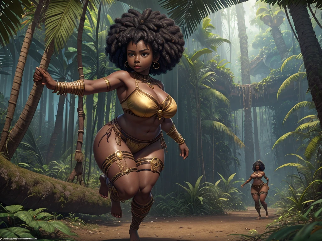 HD, dark skinned, young female, age 18, humanoid, honey, black afro hair, Jackie Parris, ((((Jackie Parris)))), full body cgsociety, 3d character art, full character body, detailed full body concept, stylized character, erotica, ((young girl, 1girl, age 18)), ((complex detailed background, jungle, outside)), erotica, full body, sexy, loincloth, barefoot, wide hips, jungle, thicc body, thicc, chubby, wide hips, small breasts, amazon, action pose
