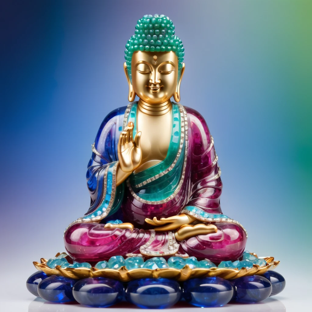 An elaborate depiction of Maitreya Buddha, Carefully crafted with precious gemstones. The statue should radiate serenity and holiness, Buddha with his iconic smiling face and relaxed posture. The body is transparent, Luminous Crystal, The robe sparkles like an emerald waterfall., sapphire, and Ruby. Buddha&#39;s Eyes, Full of wisdom, might be represented by deep blue sapphire, And Ushnish (Hair crown) May be set with diamonds. The background should be simple and neutral, Make the jeweled Buddha the centerpiece. Photo quality must be high resolution, Capture intricate details, faceted, The brilliance of each gem,gg mine